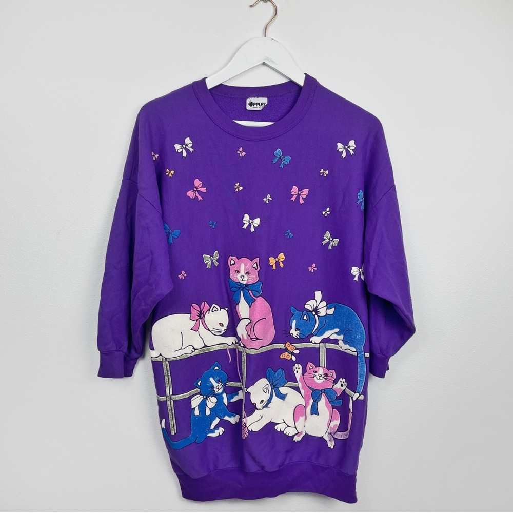 Vintage 80’s Cat Sweatshirt Mom Shirt Purple  Puff Print